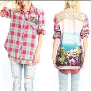 ARATTA  Silent Journey Boho Harbor Island Shirt, Button Down Patchwork Shirt